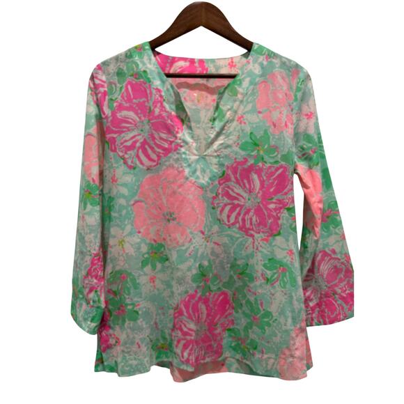 Lilly Pulitzer Amelia Island Tunic Top Pullover Green Pink Floral Size M - Picture 1 of 7